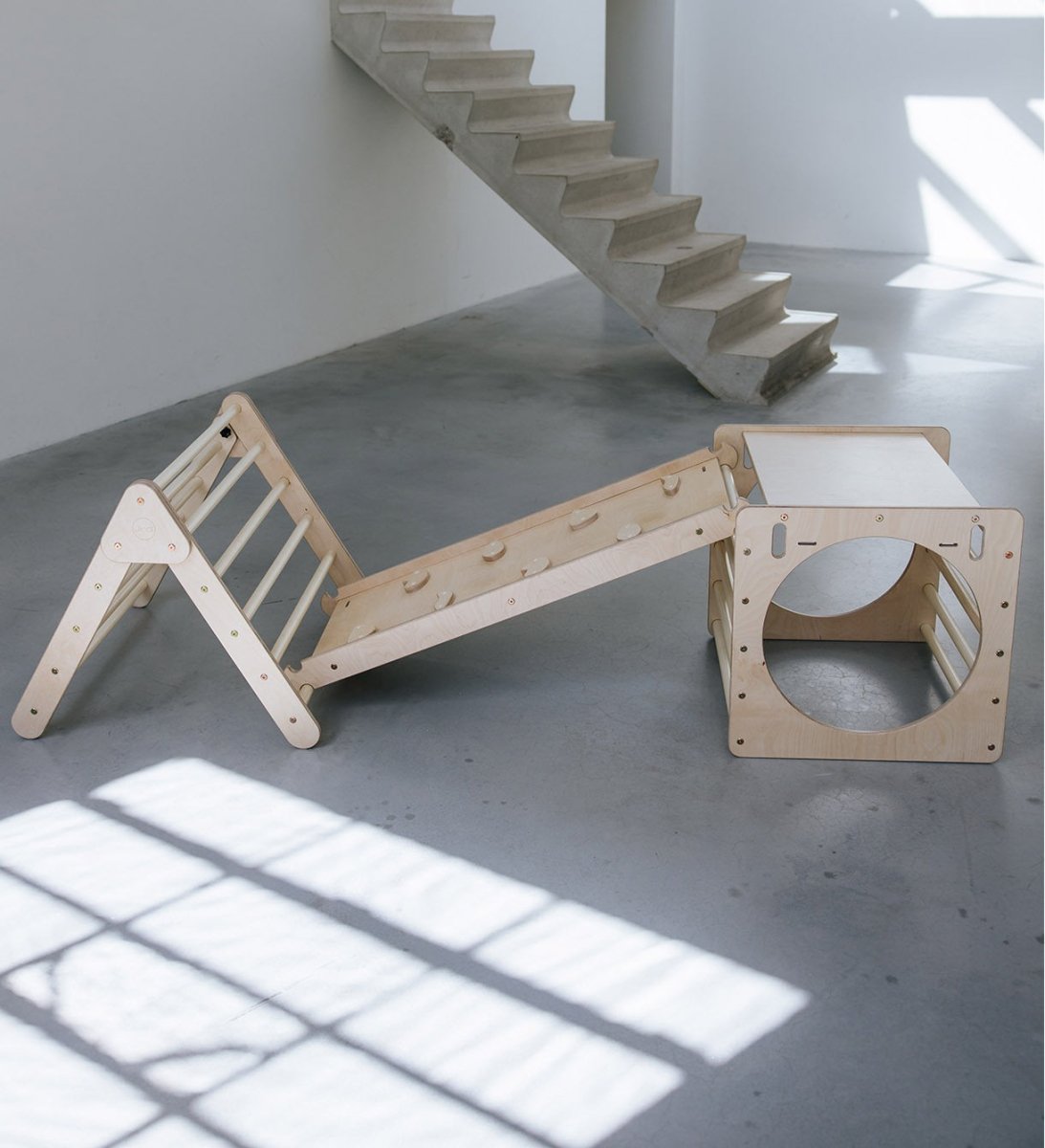 Pikler klimdriehoek, klimkubus met ladder en glijbaan/klimhelling - naturel - 