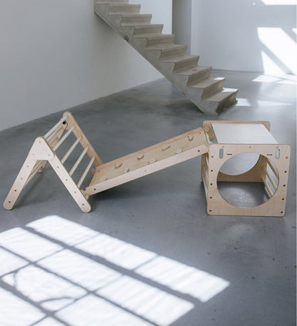 Pikler klimdriehoek, klimkubus met ladder en glijbaan/klimhelling - naturel - 