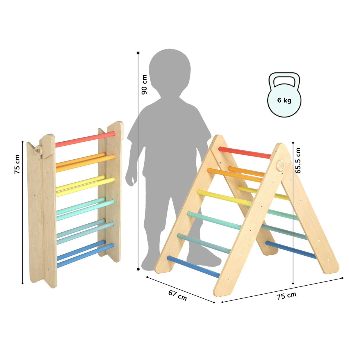 BusyKids Pikler klimdriehoek met plank – regenboog – productbeeld 3