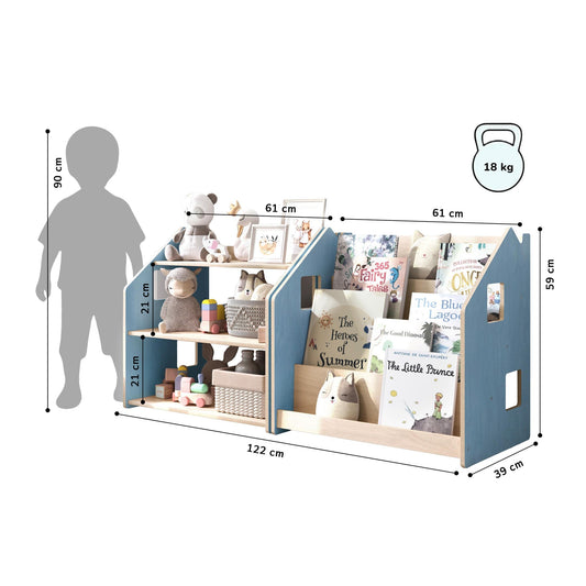 Maatafbeelding van BusyKids boekenkast en speelgoedrek set – zachtblauw/roze: 61 × 39 × 59 cm