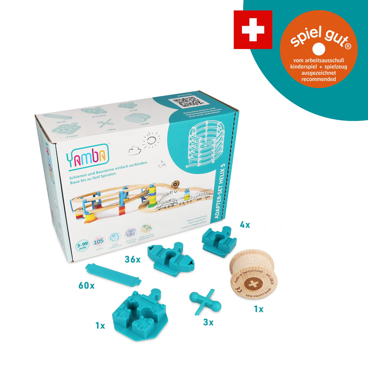 Yamba Helix 5-verpakking met blauwe adapters, Lift-elementen en houten roller